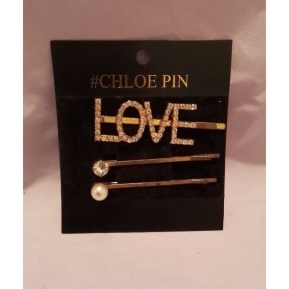 Chloe Pin Set Love Hairpin Faux Pearl & Crystal Hair Clips Bobby Pins - Picture 1 of 2